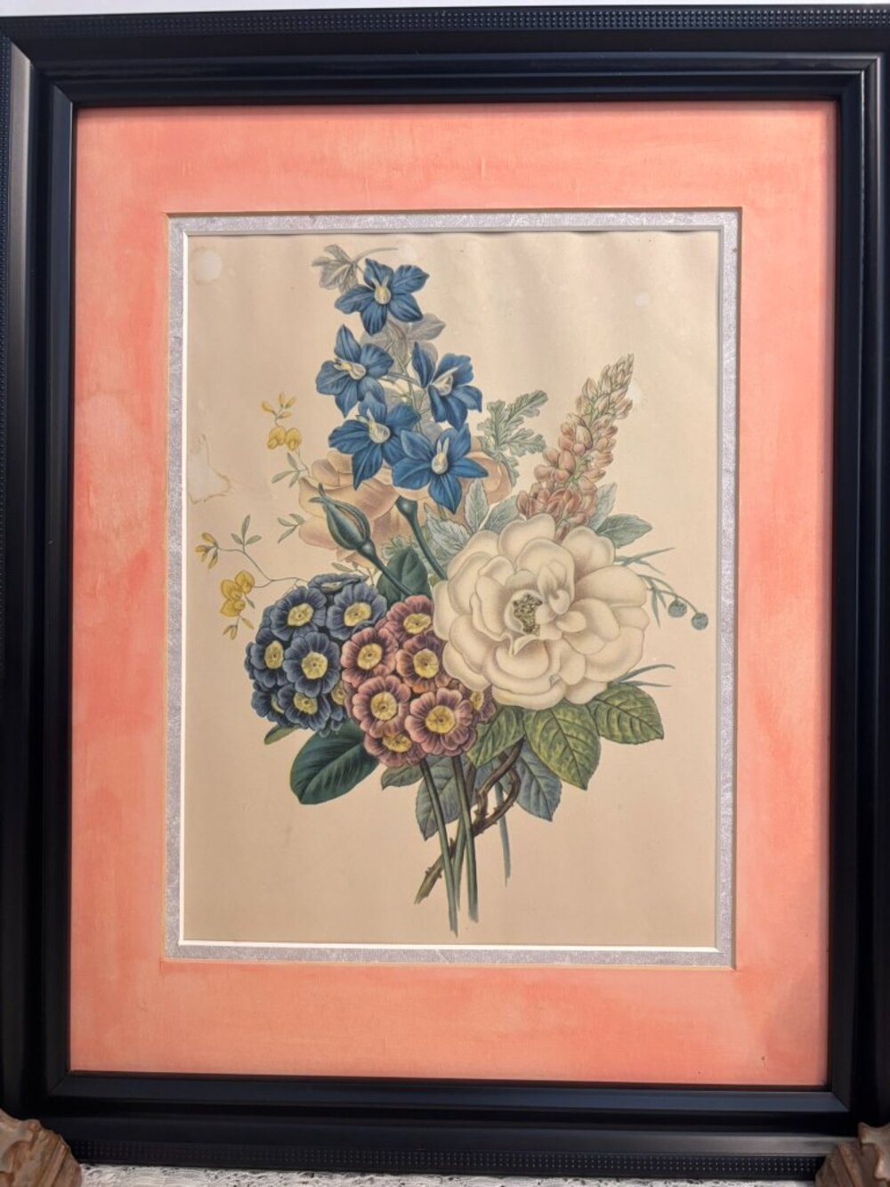 VTG Framed Botanical Floral Art Print Muted Peach Double Mat Accent
